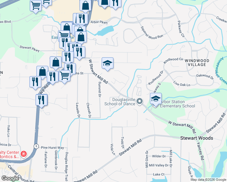 map of restaurants, bars, coffee shops, grocery stores, and more near 3368 West Stewarts Mill Road in Douglasville