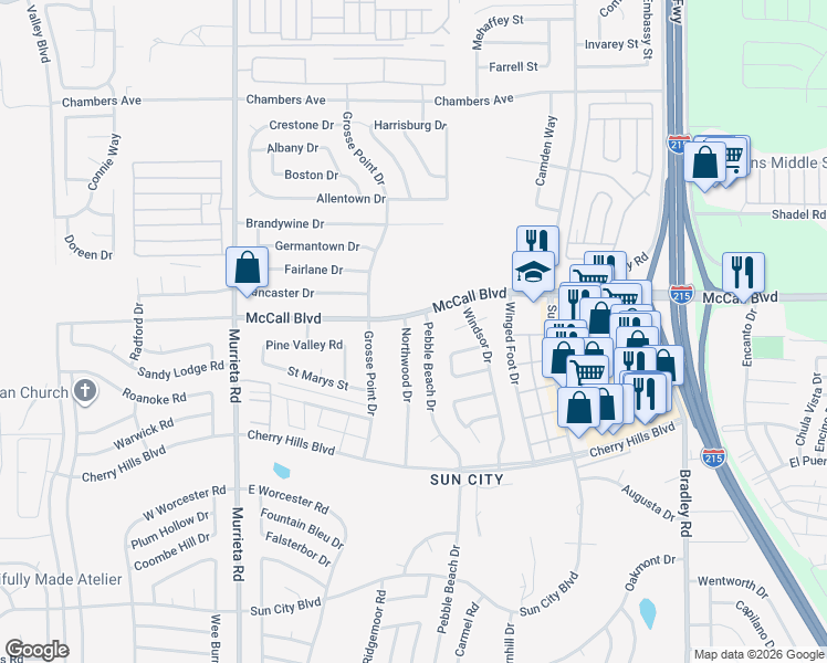 map of restaurants, bars, coffee shops, grocery stores, and more near 28050 Northwood Drive in Menifee