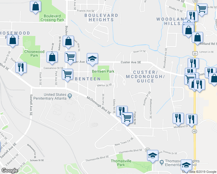 map of restaurants, bars, coffee shops, grocery stores, and more near 1359 Marion Street Southeast in Atlanta