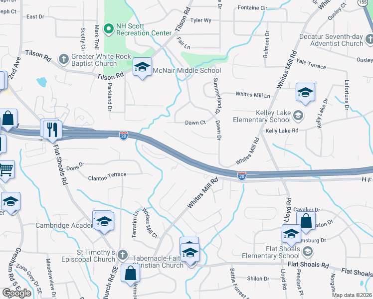 map of restaurants, bars, coffee shops, grocery stores, and more near 2355 Oakridge Court in Decatur