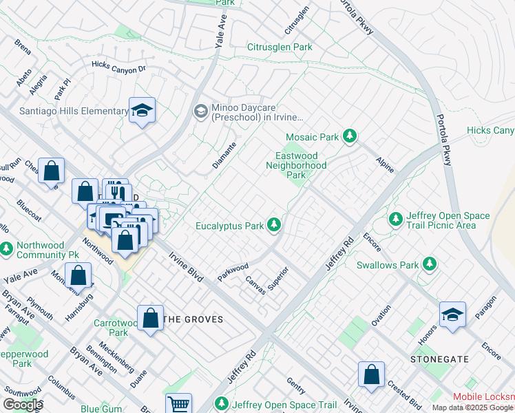 map of restaurants, bars, coffee shops, grocery stores, and more near 111 Mangrove Banks in Irvine