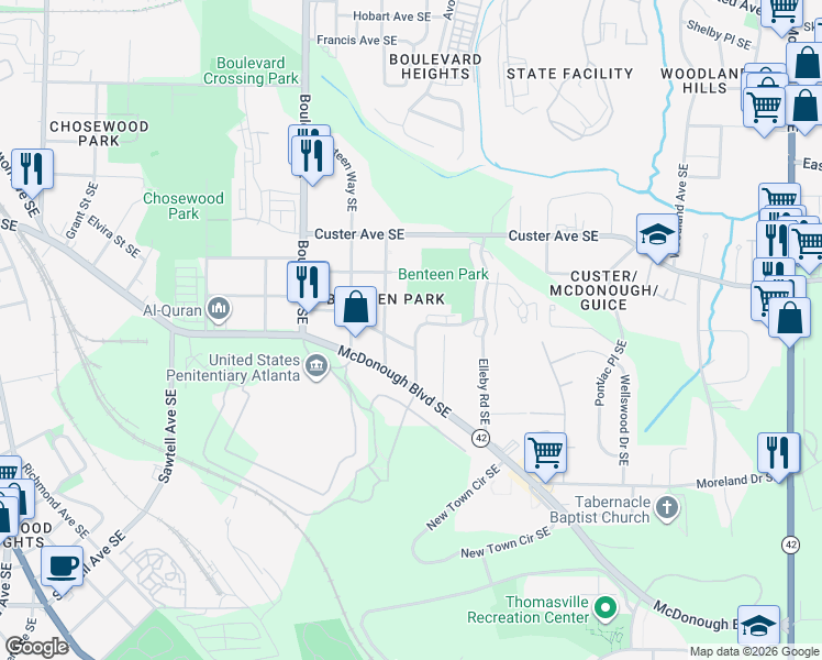 map of restaurants, bars, coffee shops, grocery stores, and more near 1398 Marion Street Southeast in Atlanta