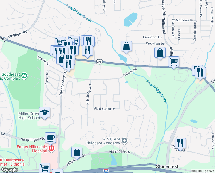 map of restaurants, bars, coffee shops, grocery stores, and more near 2857 Field Spring Drive in Lithonia