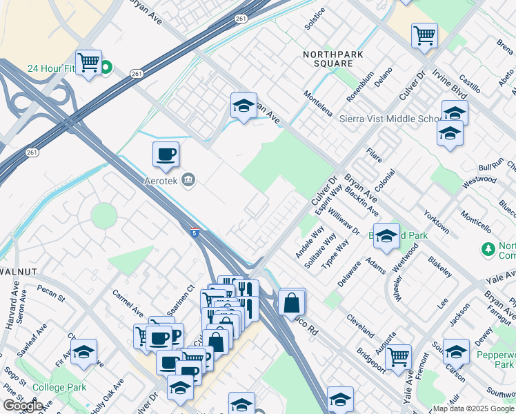 map of restaurants, bars, coffee shops, grocery stores, and more near 4133 El Camino Real in Irvine