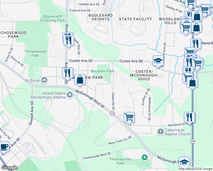 map of restaurants, bars, coffee shops, grocery stores, and more near 1365 Marion Street Southeast in Atlanta