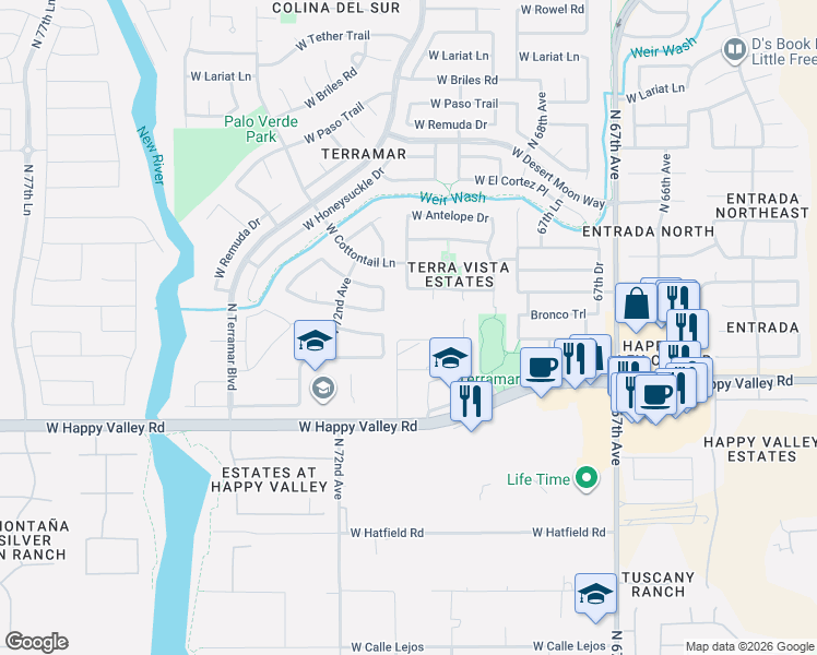 map of restaurants, bars, coffee shops, grocery stores, and more near 7120 West Bronco Trail in Peoria
