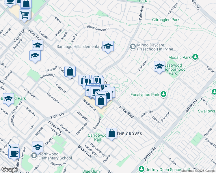 map of restaurants, bars, coffee shops, grocery stores, and more near 227 Springview in Irvine