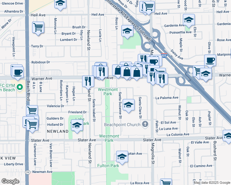 map of restaurants, bars, coffee shops, grocery stores, and more near 17121 Santa Suzanne Street in Fountain Valley