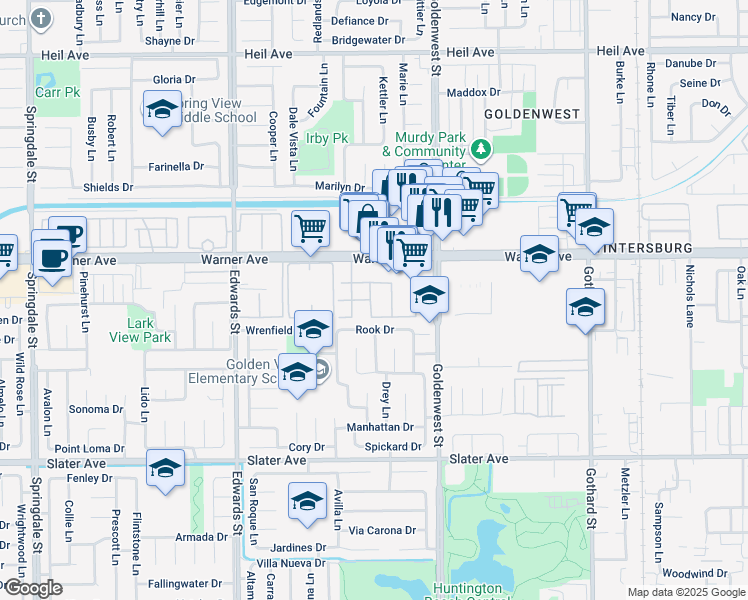 map of restaurants, bars, coffee shops, grocery stores, and more near 6762 Warner Avenue in Huntington Beach