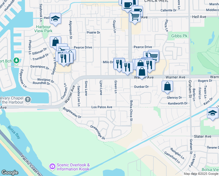 map of restaurants, bars, coffee shops, grocery stores, and more near 17091 Green Lane in Huntington Beach
