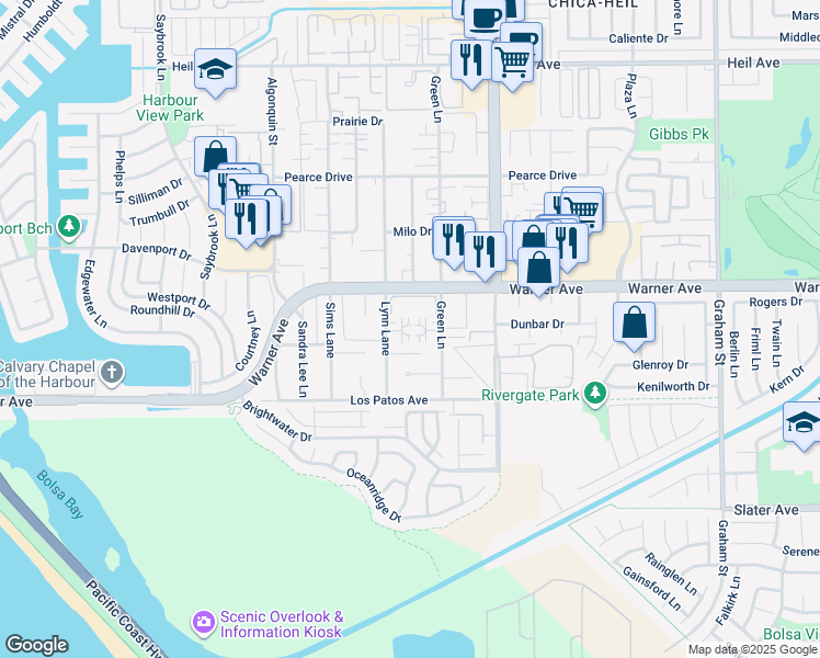 map of restaurants, bars, coffee shops, grocery stores, and more near 17092 Lynn Lane in Huntington Beach