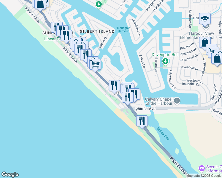 map of restaurants, bars, coffee shops, grocery stores, and more near in Huntington Beach