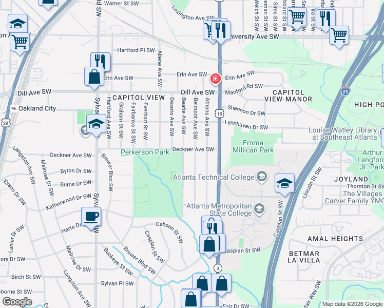 map of restaurants, bars, coffee shops, grocery stores, and more near 1512 Belmont Avenue Southwest in Atlanta