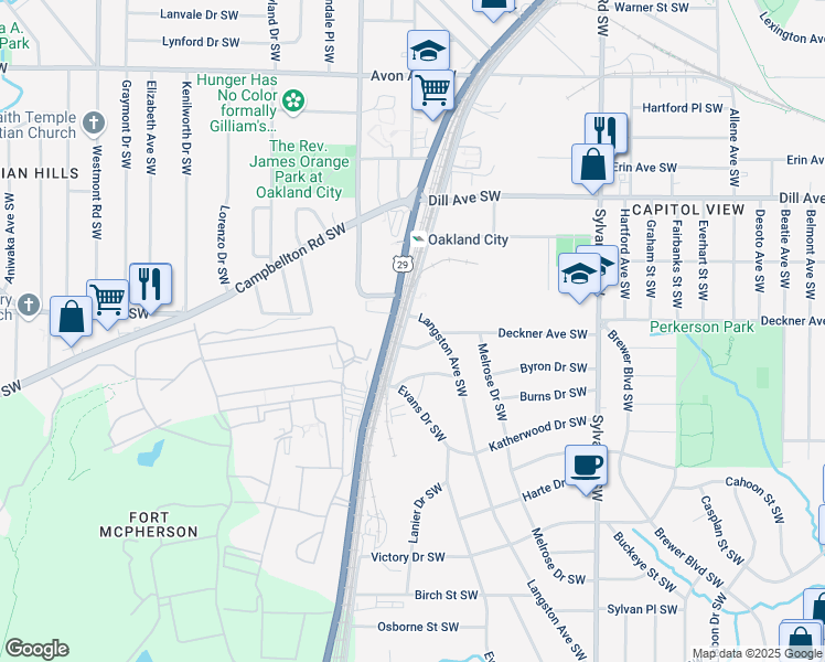 map of restaurants, bars, coffee shops, grocery stores, and more near 1500 Murphy Avenue Southwest in Atlanta