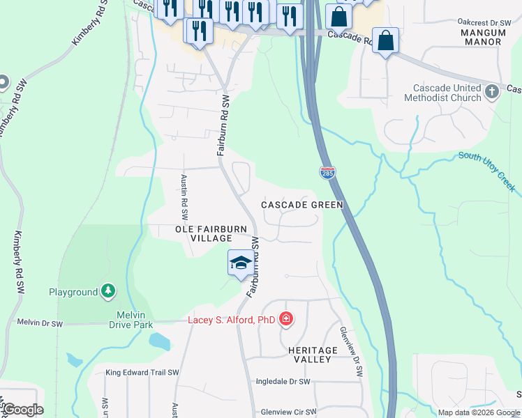 map of restaurants, bars, coffee shops, grocery stores, and more near 3743 Cranford Drive Southwest in Atlanta