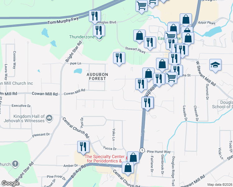 map of restaurants, bars, coffee shops, grocery stores, and more near 6075 Cowan Mill Road in Douglasville