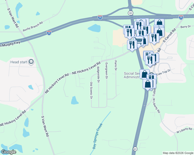 map of restaurants, bars, coffee shops, grocery stores, and more near 2100 Ridgeside Drive in Villa Rica