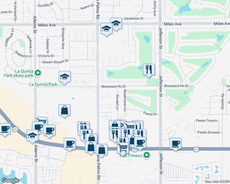 map of restaurants, bars, coffee shops, grocery stores, and more near 79625 Westward Ho Drive in La Quinta