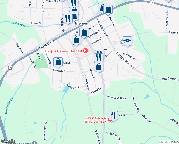 map of restaurants, bars, coffee shops, grocery stores, and more near 603 Lawson Street in Bremen
