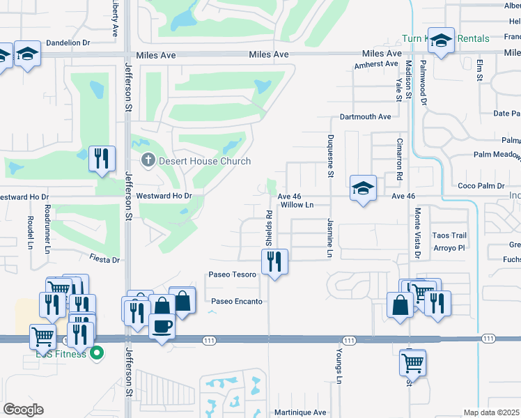 map of restaurants, bars, coffee shops, grocery stores, and more near 80469 Sandscript Court in Indio