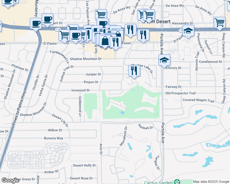 map of restaurants, bars, coffee shops, grocery stores, and more near 73605 Ironwood Street in Palm Desert
