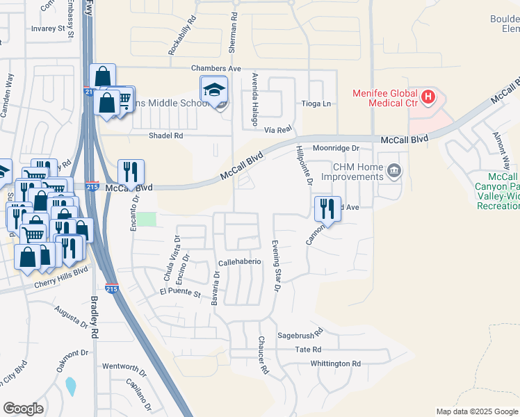 map of restaurants, bars, coffee shops, grocery stores, and more near 27716 Alta Vista Way in Menifee