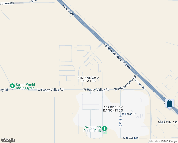 map of restaurants, bars, coffee shops, grocery stores, and more near 25330 North 184th Avenue in Wittmann