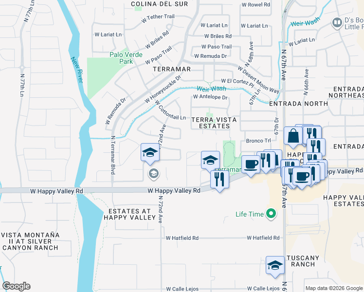 map of restaurants, bars, coffee shops, grocery stores, and more near 7120 West Bronco Trail in Peoria