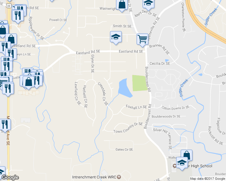 map of restaurants, bars, coffee shops, grocery stores, and more near 2558 Lakeview East Trail SE in Atlanta