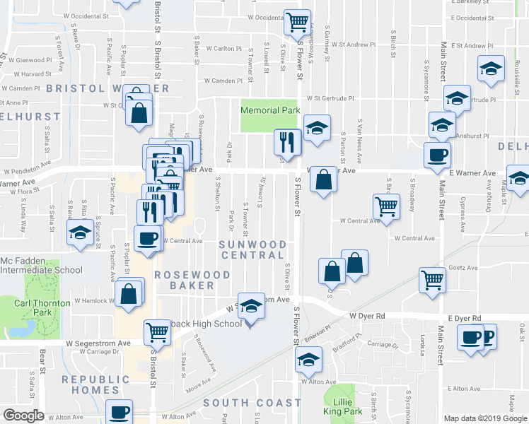 map of restaurants, bars, coffee shops, grocery stores, and more near 2405 South Lowell Street in Santa Ana