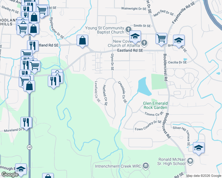 map of restaurants, bars, coffee shops, grocery stores, and more near 2553 Crestdale Circle Southeast in Atlanta