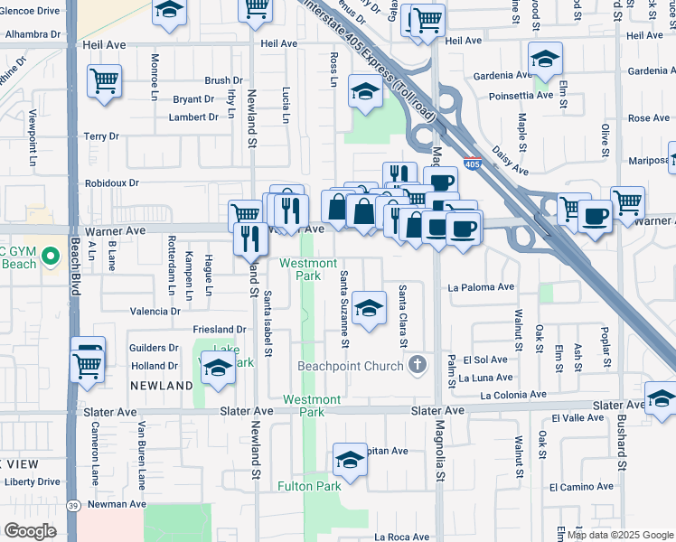 map of restaurants, bars, coffee shops, grocery stores, and more near 17121 Santa Suzanne Street in Fountain Valley