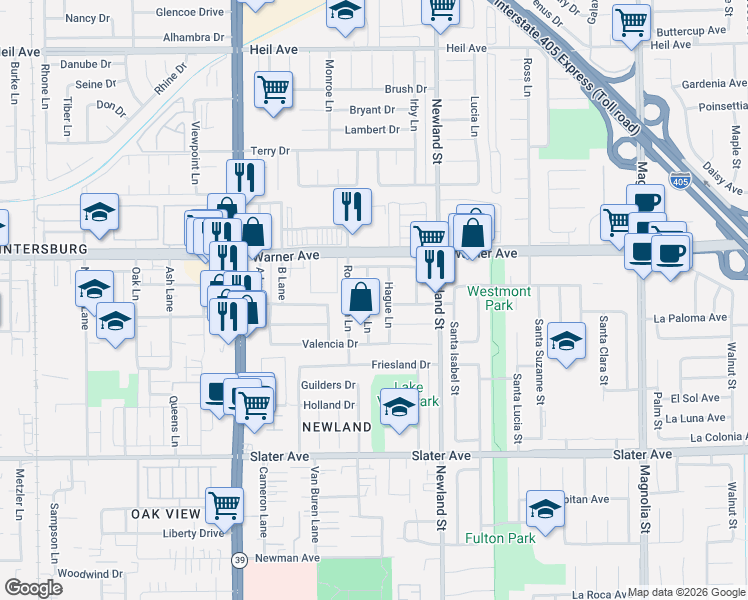 map of restaurants, bars, coffee shops, grocery stores, and more near 17102 Kampen Lane in Huntington Beach