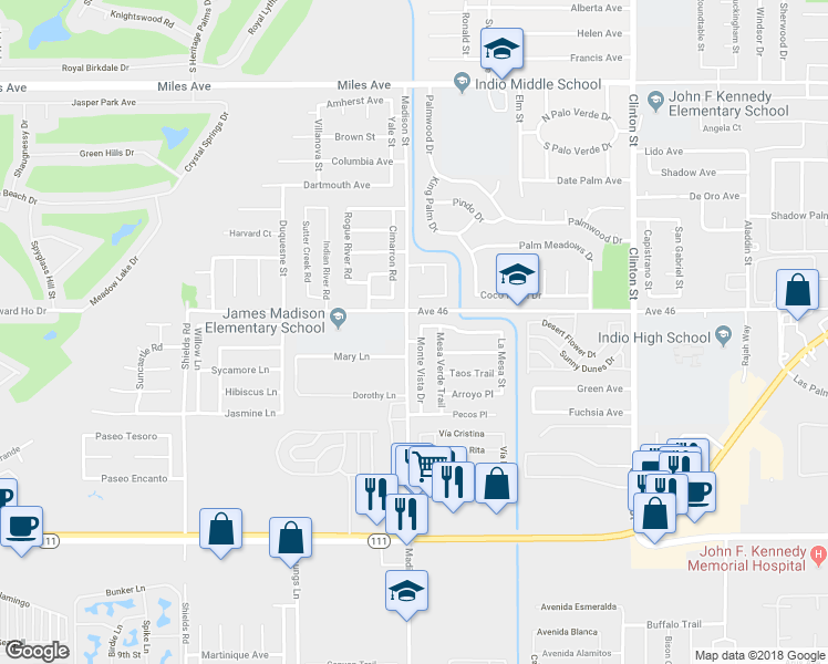 map of restaurants, bars, coffee shops, grocery stores, and more near 46095 Monte Vista Drive in Indio