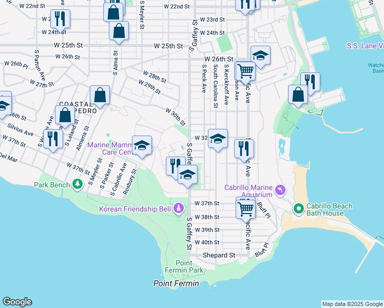 map of restaurants, bars, coffee shops, grocery stores, and more near 3320 South Gaffey Street in Los Angeles