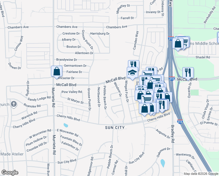 map of restaurants, bars, coffee shops, grocery stores, and more near 26470 Hempstead Court in Menifee