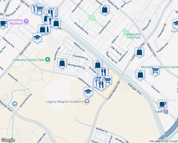 map of restaurants, bars, coffee shops, grocery stores, and more near 1465 Montgomery Street in Tustin