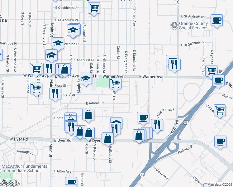 map of restaurants, bars, coffee shops, grocery stores, and more near in Santa Ana