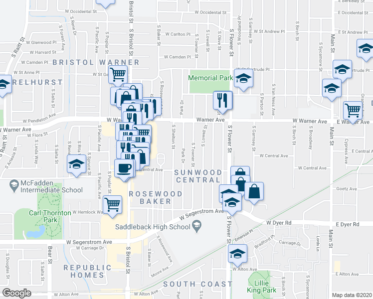 map of restaurants, bars, coffee shops, grocery stores, and more near 2405 Park Drive in Santa Ana