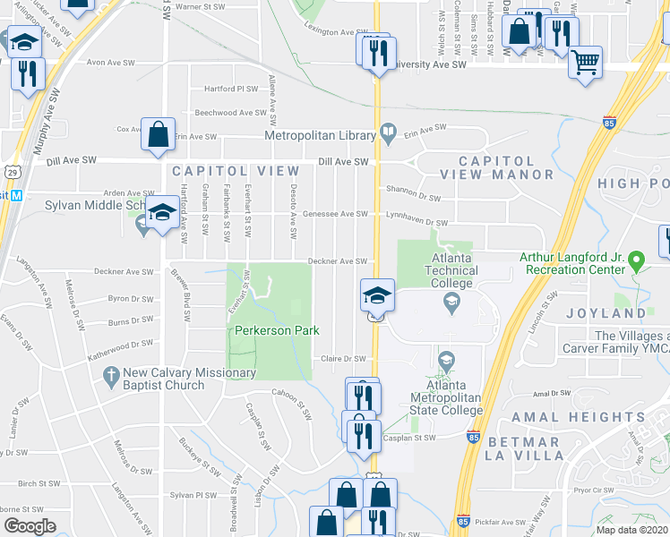 map of restaurants, bars, coffee shops, grocery stores, and more near Belmont Avenue Southwest in Atlanta