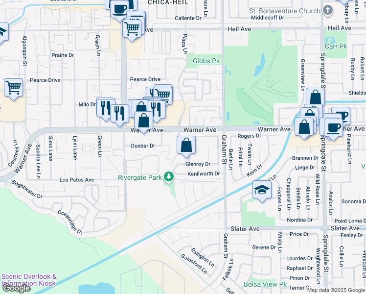 map of restaurants, bars, coffee shops, grocery stores, and more near 17092 Greentree Lane in Huntington Beach