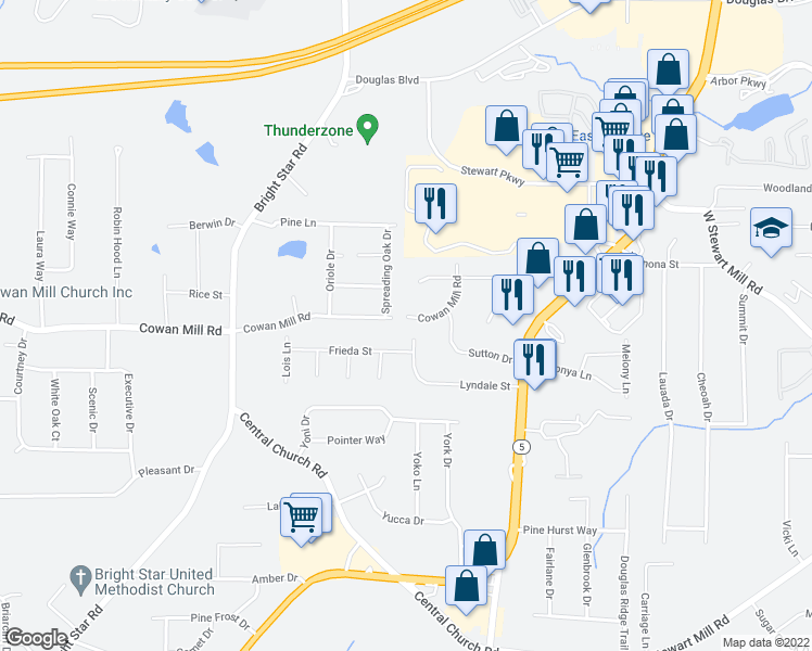 map of restaurants, bars, coffee shops, grocery stores, and more near 6075 Cowan Mill Road in Douglasville