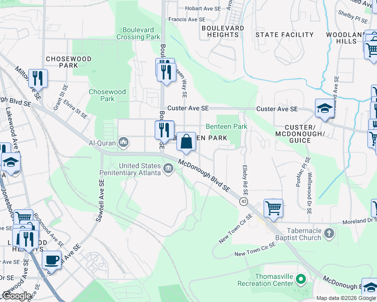 map of restaurants, bars, coffee shops, grocery stores, and more near 645 Federal Terrace Southeast in Atlanta