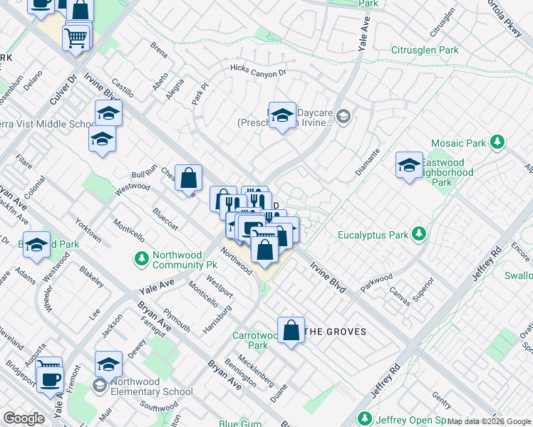 map of restaurants, bars, coffee shops, grocery stores, and more near 276 Streamwood in Irvine