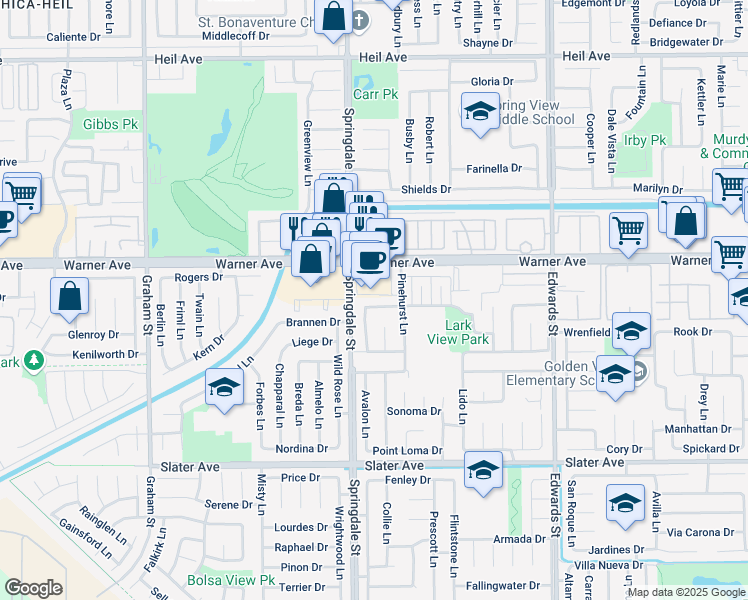 map of restaurants, bars, coffee shops, grocery stores, and more near 6051 Summerdale Drive in Huntington Beach