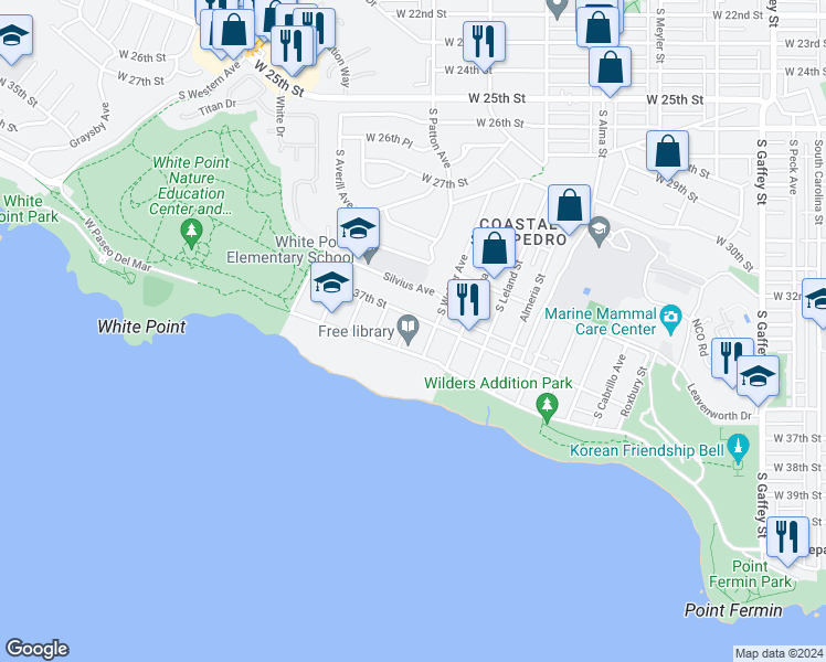 map of restaurants, bars, coffee shops, grocery stores, and more near 3712 South Patton Avenue in Los Angeles