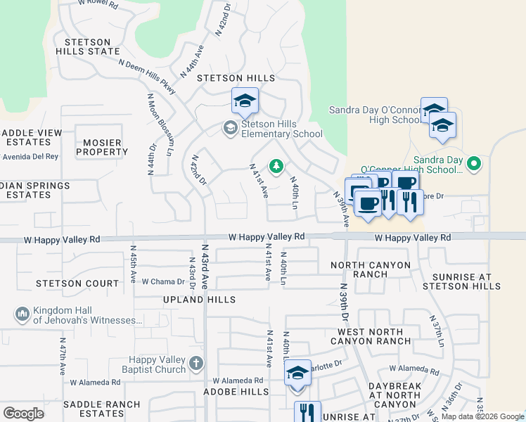 map of restaurants, bars, coffee shops, grocery stores, and more near 25036 North 41st Avenue in Phoenix