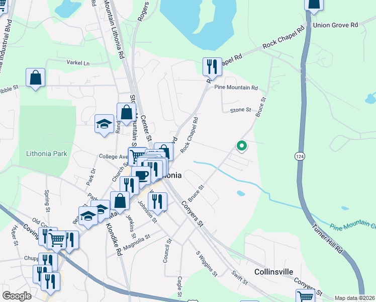 map of restaurants, bars, coffee shops, grocery stores, and more near 2694 Rock Chapel Road in Lithonia
