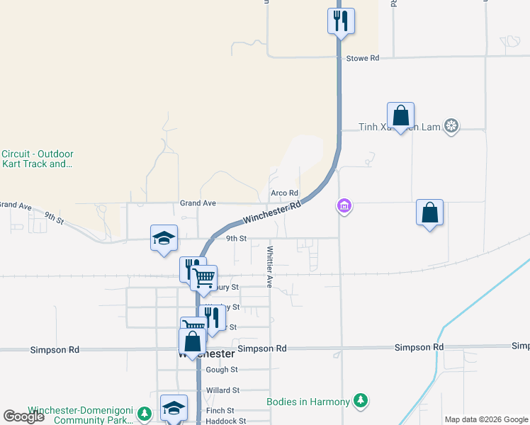 map of restaurants, bars, coffee shops, grocery stores, and more near 28109 Whittier Avenue in Winchester