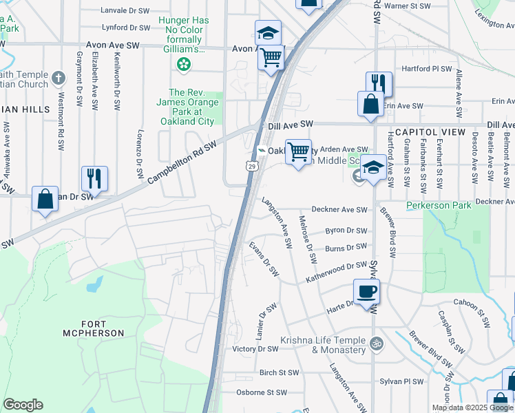 map of restaurants, bars, coffee shops, grocery stores, and more near 1500 Murphy Avenue Southwest in Atlanta